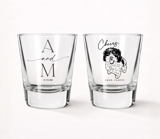 Frosted shot glass with pet for a wedding celebration with couples initials and date 