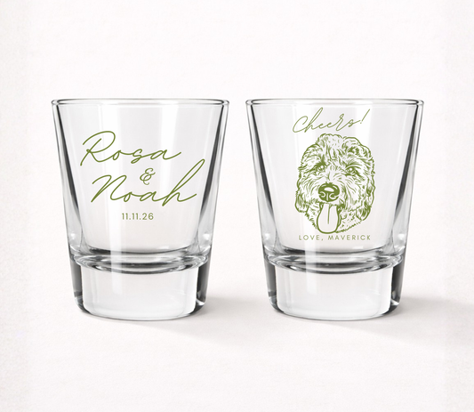 Personalized wedding shot glasses
Pet portrait wedding favor glasses
Custom dog wedding shot glasses
Minimalist wedding keepsake glasses