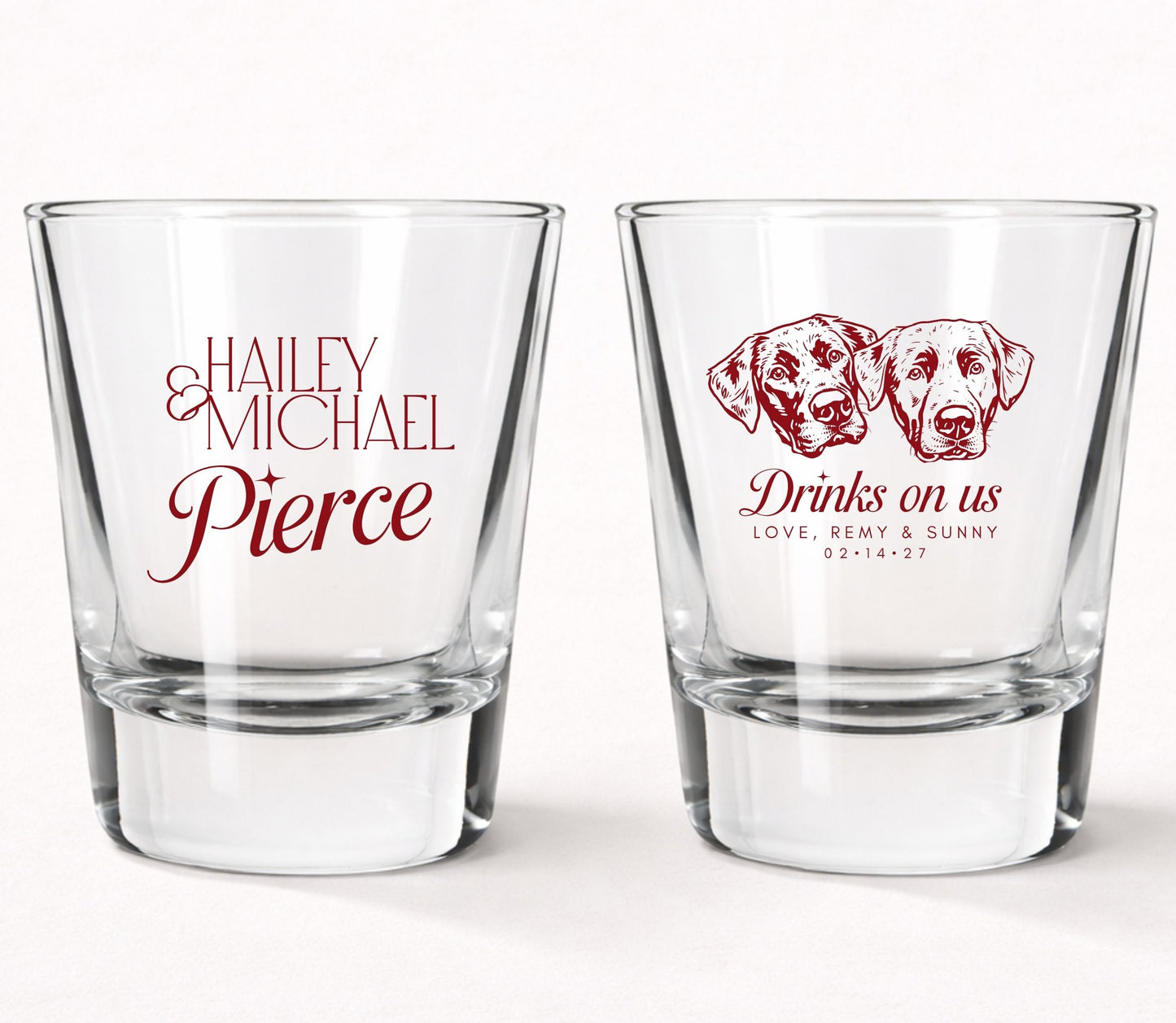 Personalized dog portrait wedding shot glasses with custom pet illustrations couple names and wedding date