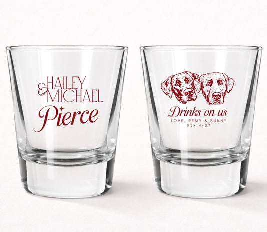 Personalized dog portrait wedding shot glasses with custom pet illustrations couple names and wedding date