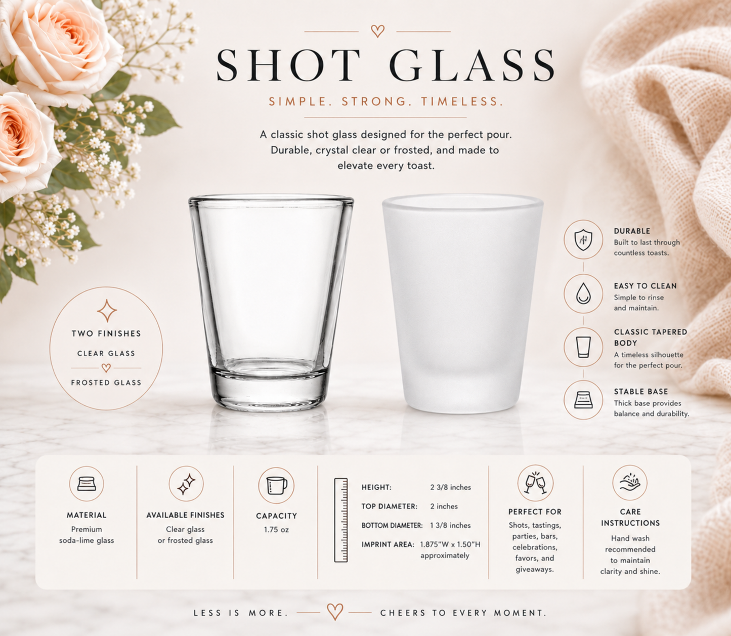 Shot glasses with product details on a light background