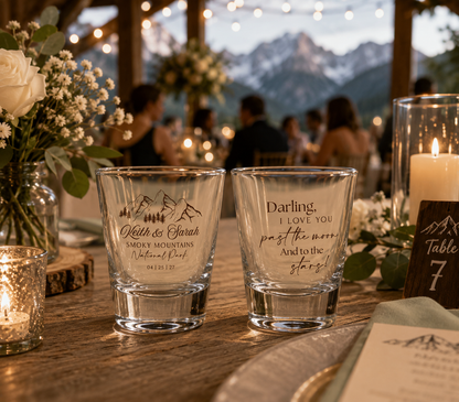Personalized Smoky Mountain wedding shot glasses with mountain artwork couple names and wedding date