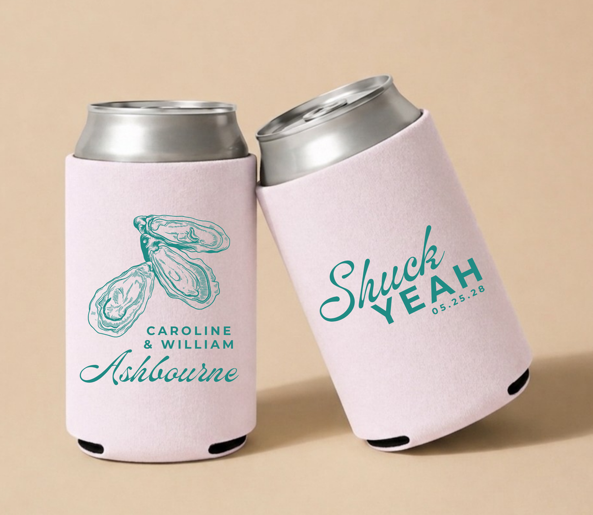 Personalized oyster wedding can coolers with teal oyster shell design on blush pink drink sleeves for coastal wedding favors
