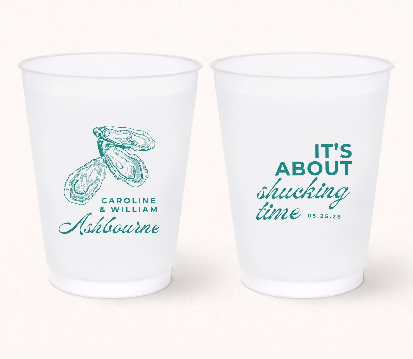 Oyster wedding frosted cups with It's About Shucking Time design
Personalized oyster roast wedding cups
Coastal wedding favor drinkware
Beach wedding cups with oyster illustration
Waterfront wedding frosted cups with names
Custom oyster wedding cups with wedding date