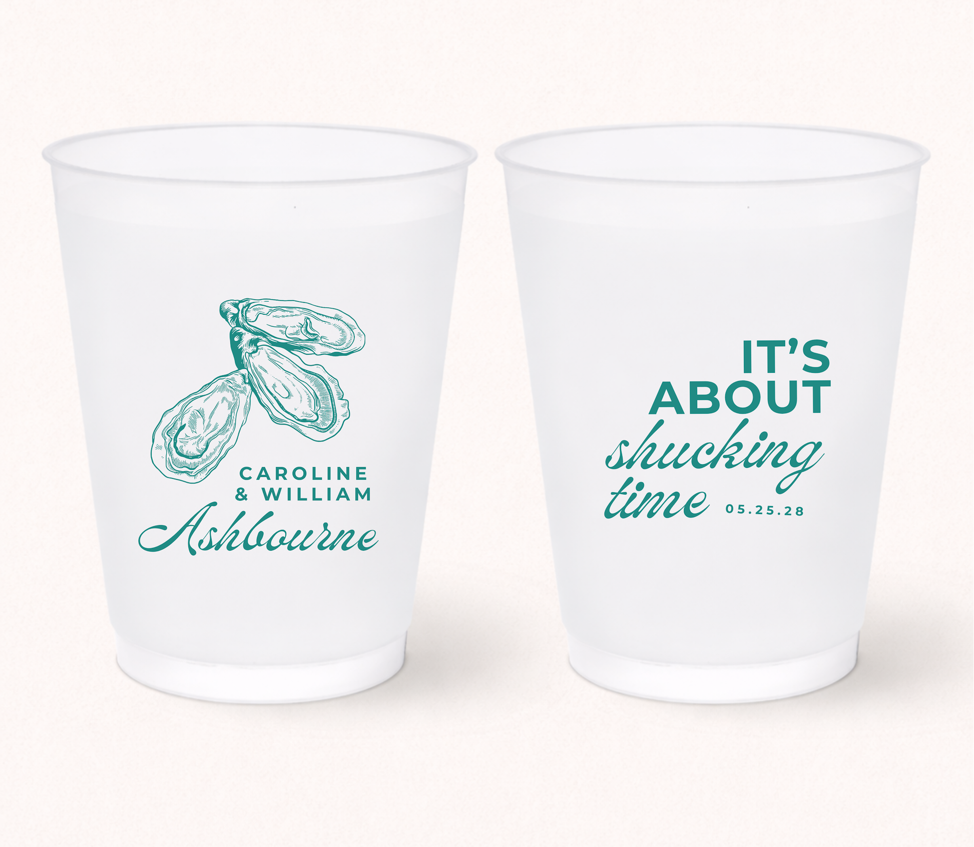 Oyster wedding frosted cups with It's About Shucking Time design
Personalized oyster roast wedding cups
Coastal wedding favor drinkware
Beach wedding cups with oyster illustration
Waterfront wedding frosted cups with names
Custom oyster wedding cups with wedding date