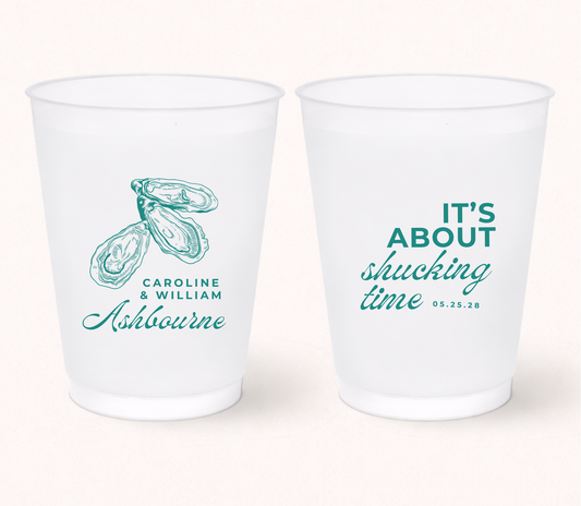 Oyster wedding frosted cups with It's About Shucking Time design
Personalized oyster roast wedding cups
Coastal wedding favor drinkware
Beach wedding cups with oyster illustration
Waterfront wedding frosted cups with names
Custom oyster wedding cups with wedding date