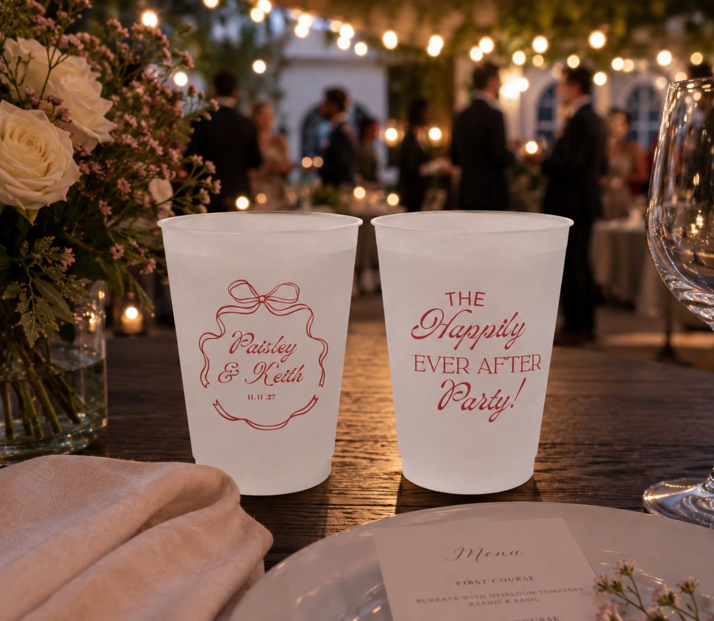 Personalized Happily Ever After Party frosted cups featuring custom names wedding date and ribbon frame artwork