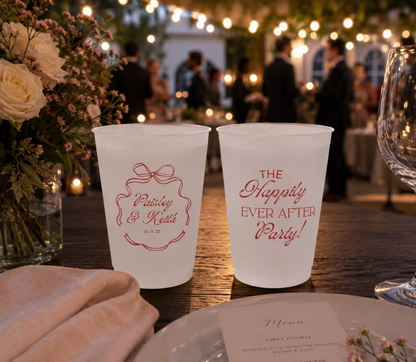 Personalized Happily Ever After Party frosted cups featuring custom names wedding date and ribbon frame artwork