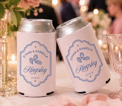 Blush Pink can coolers with navy ink, for oyster lovers as well as a beautiful border around it with the wedding date