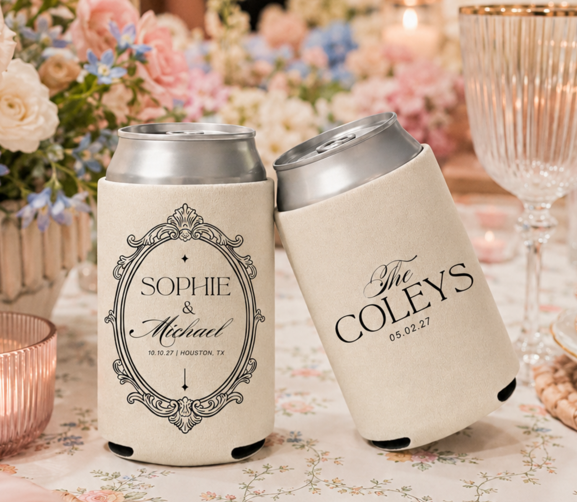 Custom signature wedding can coolers with personalized names, wedding date, location, and ornate frame artwork at wedding reception