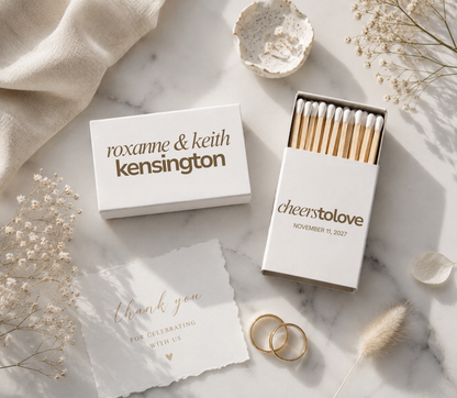Modern wedding favor matchbox with custom names and wedding date.
Personalized minimalist wedding matchbox with contemporary typography design.