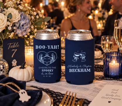 Cheers to the Spooky and in Love Halloween wedding can coolers.
