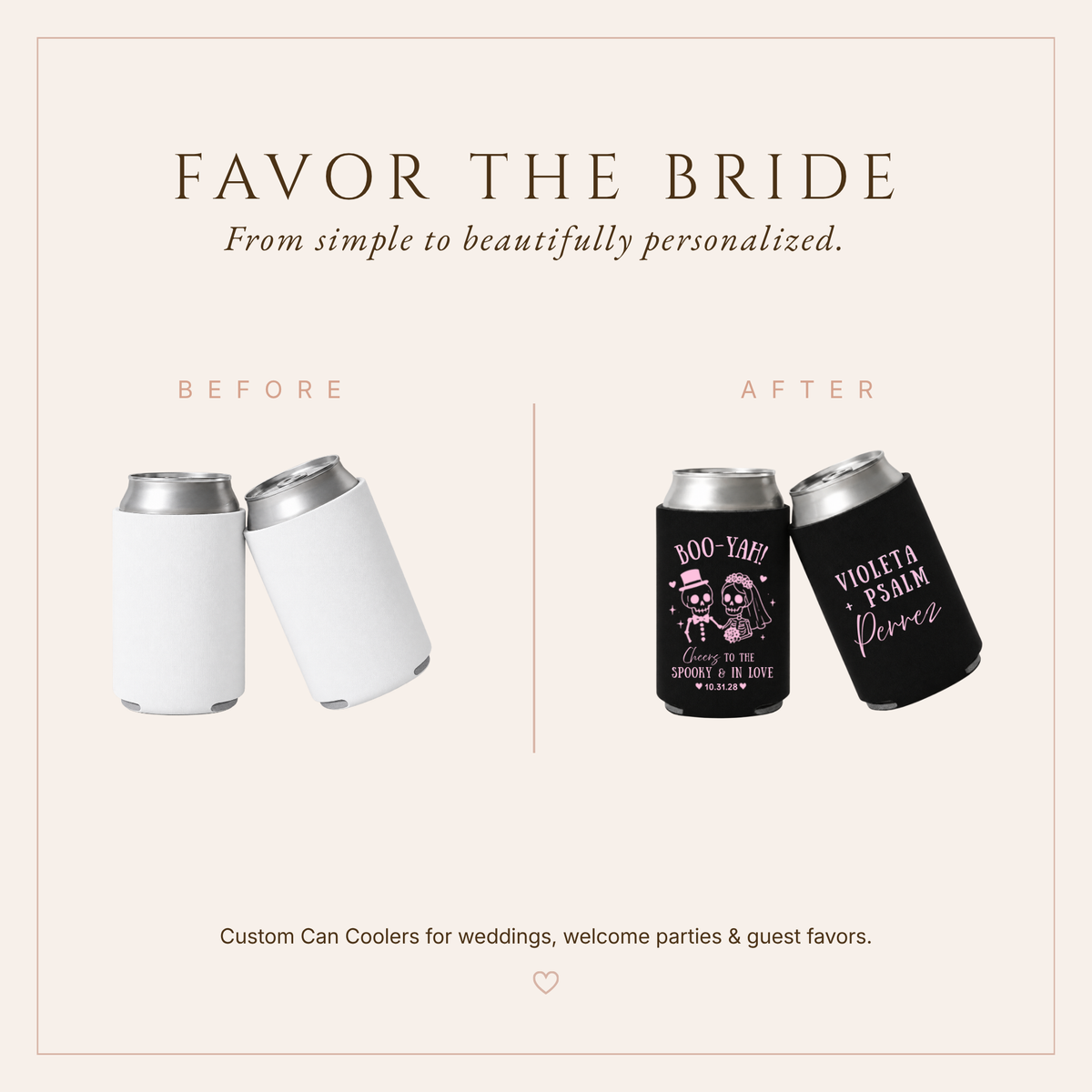 Cheers to the Spooky and in Love black Halloween wedding can coolers.