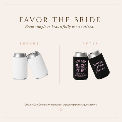Cheers to the Spooky and in Love black Halloween wedding can coolers.