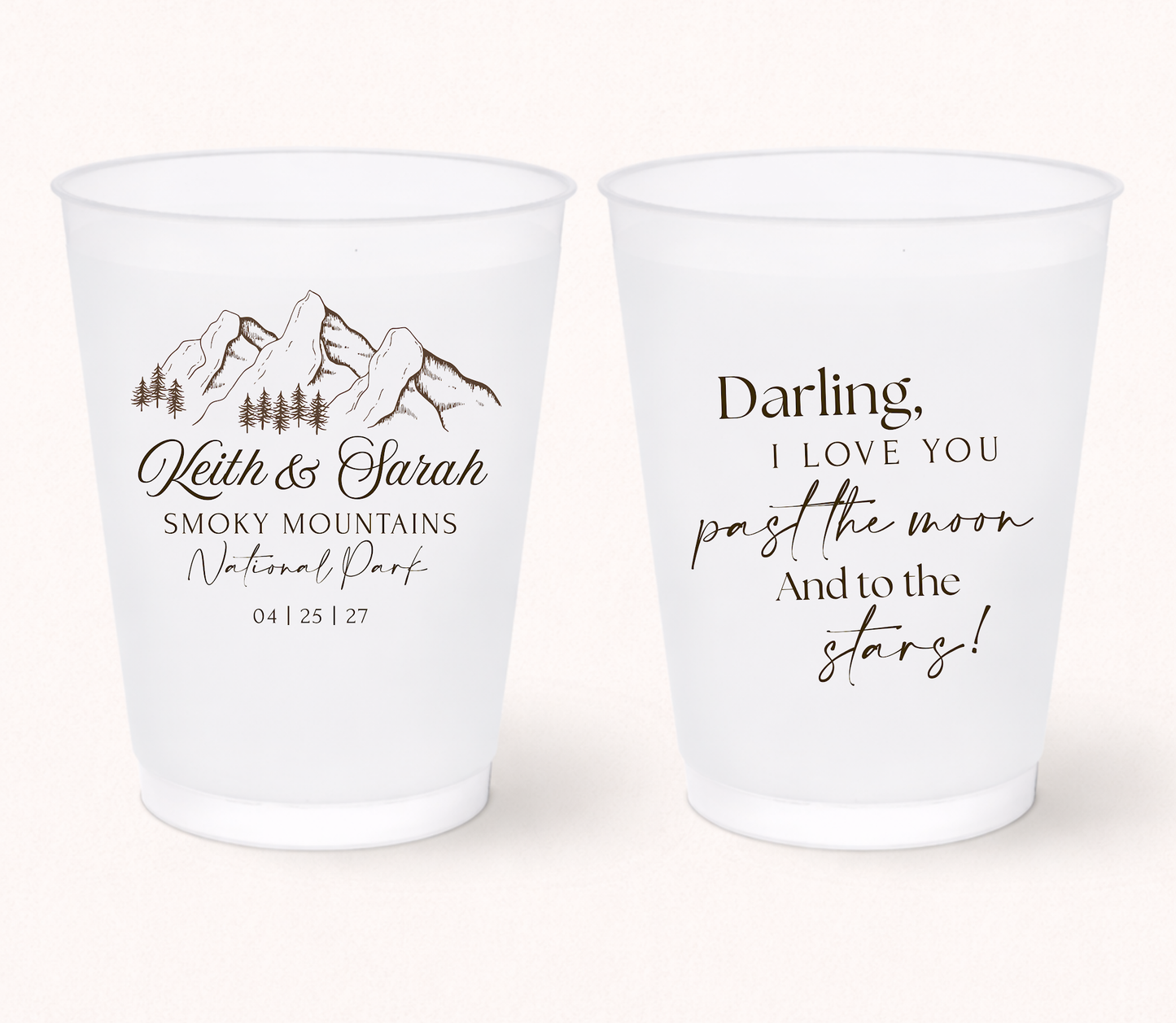 Custom Smoky Mountains wedding frosted cups
Personalized mountain wedding drinkware
National park wedding favor cups
Custom destination wedding frosted cups with names and date