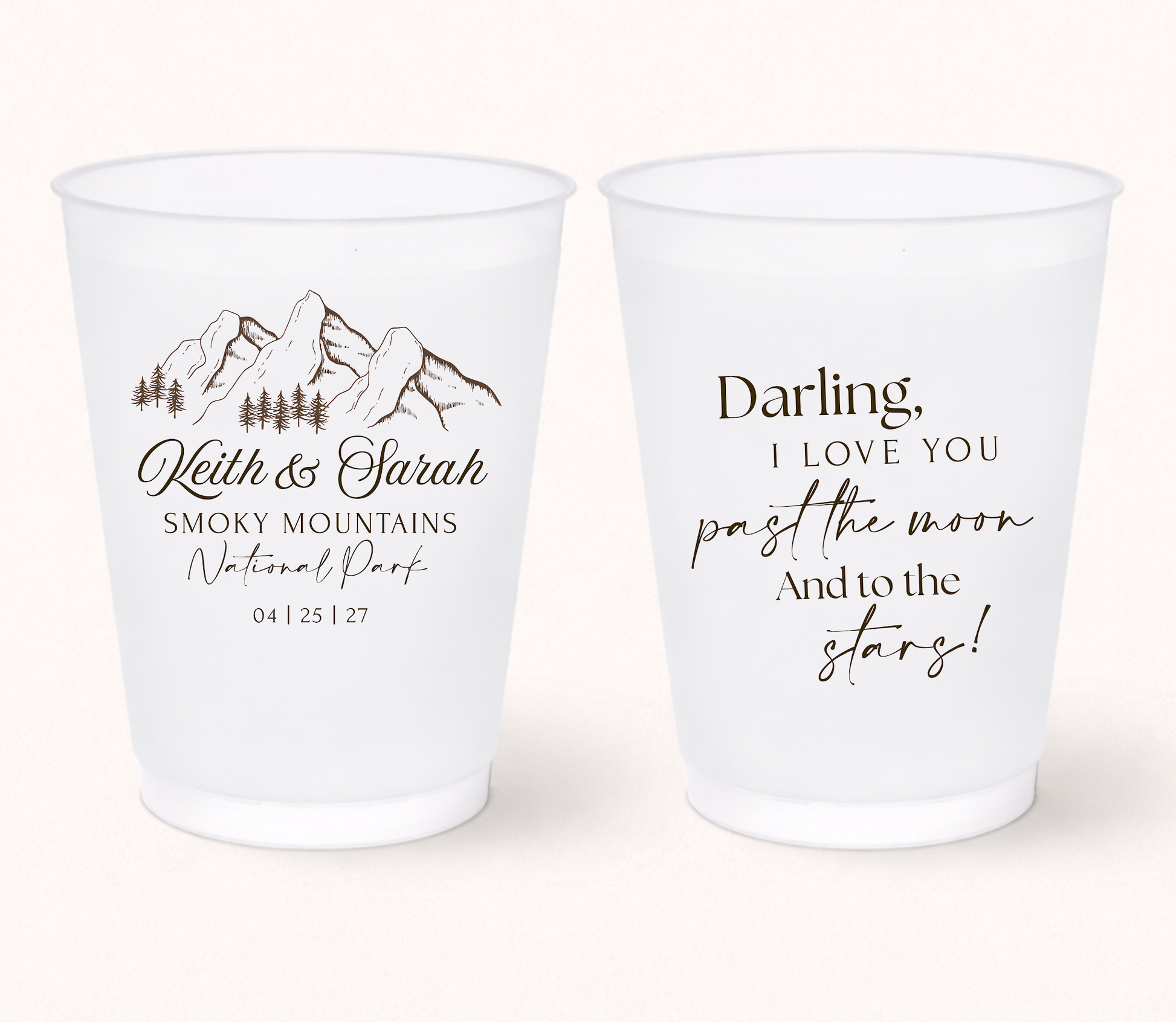 Custom Smoky Mountains wedding frosted cups
Personalized mountain wedding drinkware
National park wedding favor cups
Custom destination wedding frosted cups with names and date