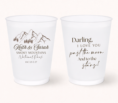 Custom Smoky Mountains wedding frosted cups
Personalized mountain wedding drinkware
National park wedding favor cups
Custom destination wedding frosted cups with names and date