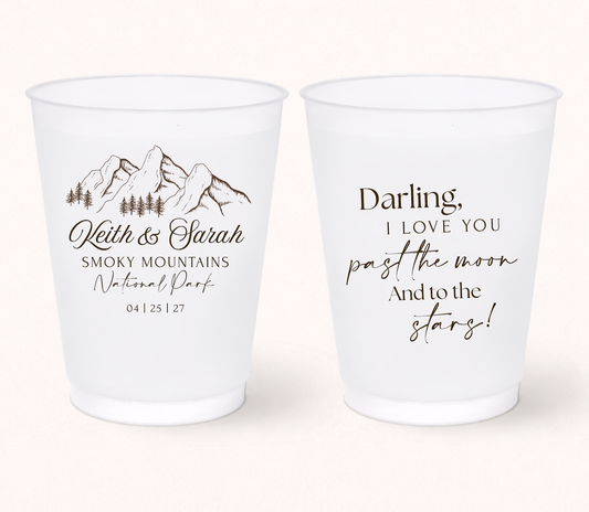 Custom Smoky Mountains wedding frosted cups
Personalized mountain wedding drinkware
National park wedding favor cups
Custom destination wedding frosted cups with names and date