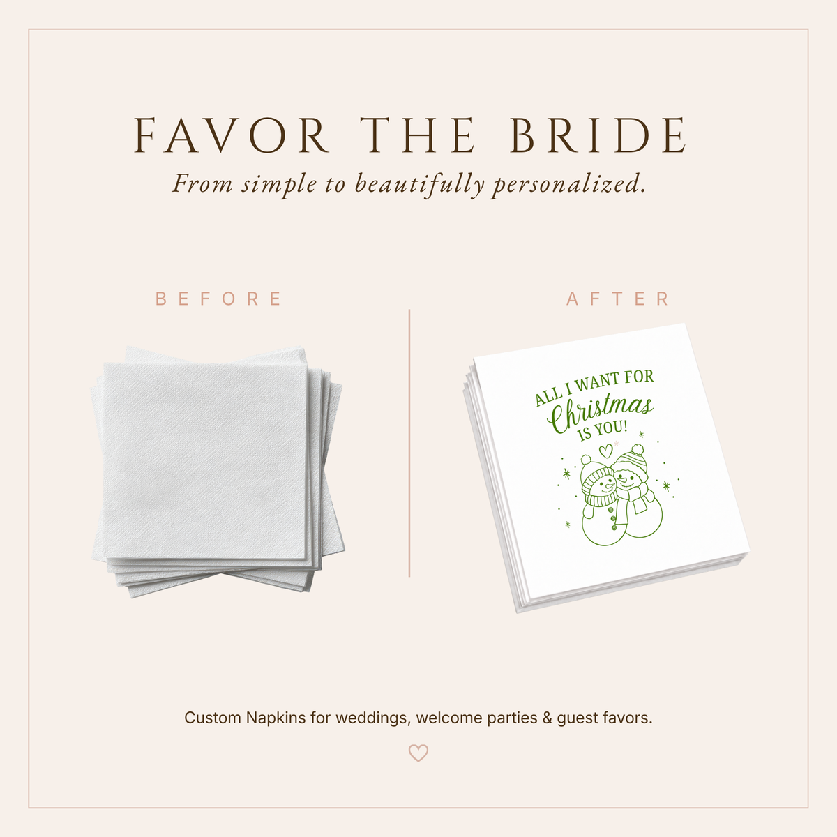 White and green Christmas wedding napkins designed for cozy winter wedding celebrations.