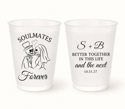 Personalized Soulmates Forever Halloween wedding frosted cups featuring skeleton bride and groom artwork, custom couple initials, wedding date, and Better Together in This Life and the Next design.