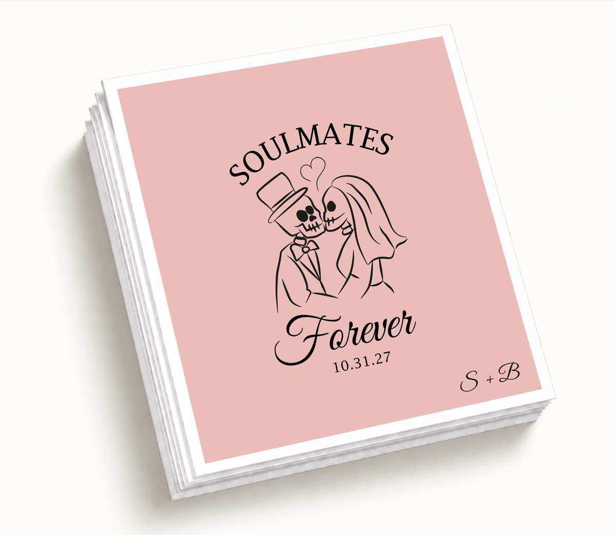 Personalized Soulmates Forever blush pink Halloween wedding cocktail napkins featuring a skeleton bride and groom, custom wedding date, and couple initials.