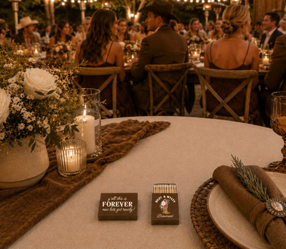 Personalized country wedding matchboxes.