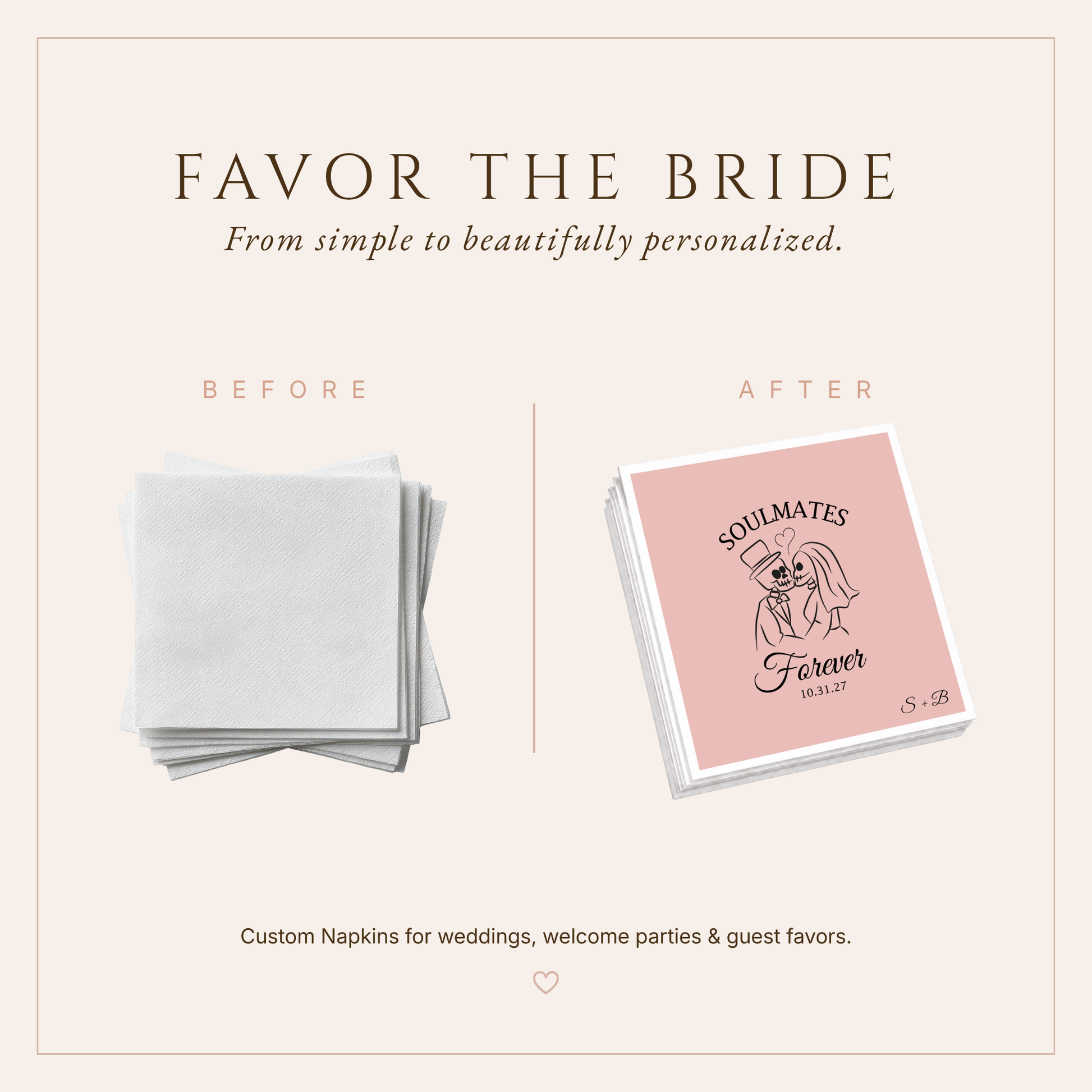 Custom blush pink gothic wedding cocktail napkins with skeleton couple and initials.