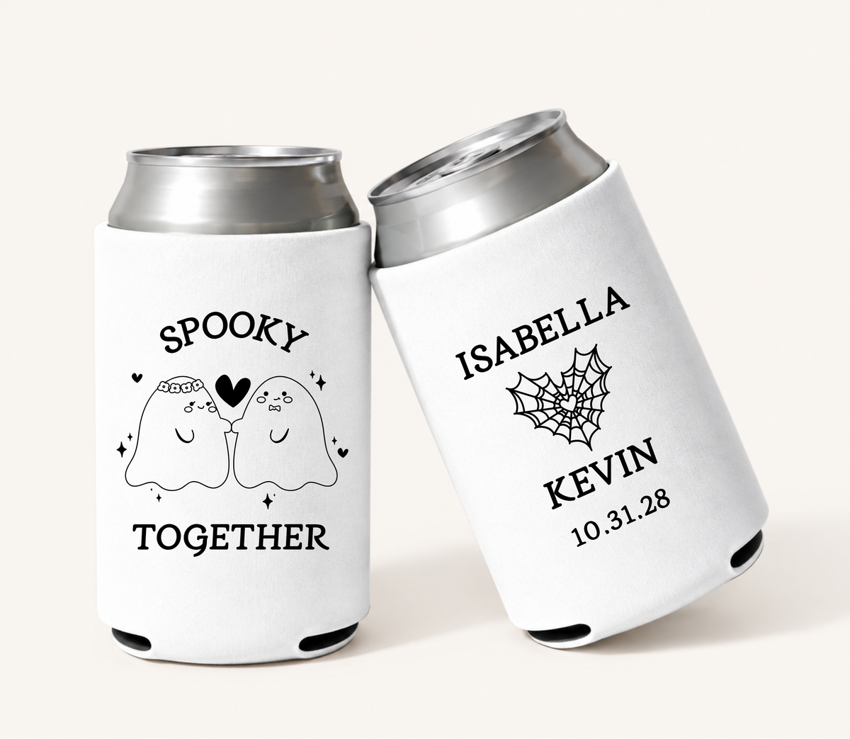 Cute ghost couple Halloween wedding can cooler favors.
Personalized Halloween can coolers with custom names and date.