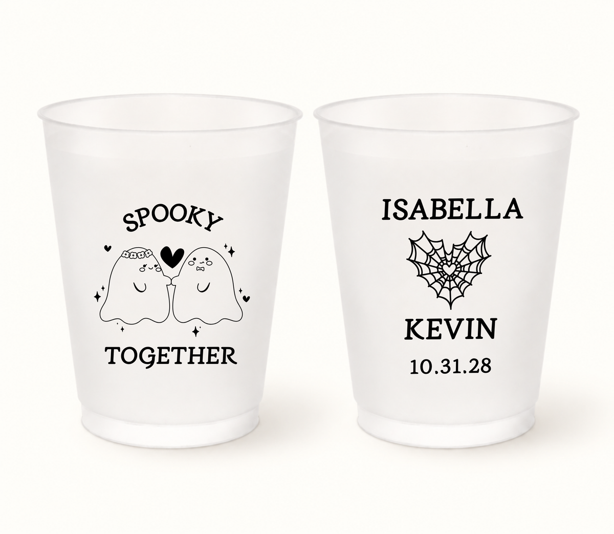 Personalized Spooky Together Halloween wedding frosted cups featuring cute ghost bride and groom artwork, custom couple names, wedding date, and spiderweb heart design.