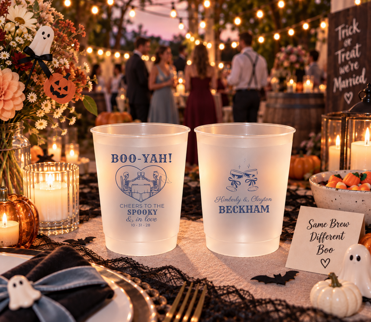 Personalized Halloween wedding cups with skeleton couple cheers design.