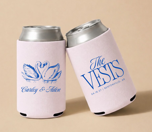 Personalized swan wedding can coolers with blue swan artwork on blush pink drink sleeves for romantic wedding favors
