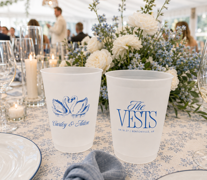Custom swan wedding frosted cups with romantic blue swan artwork, personalized names, wedding date, and elegant typography