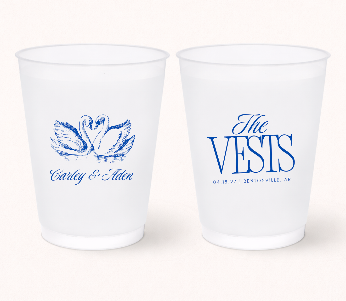 Personalized swan wedding frosted cups
Custom swan wedding cups with names
Elegant blue wedding favor cups
Romantic swan wedding drinkware design
