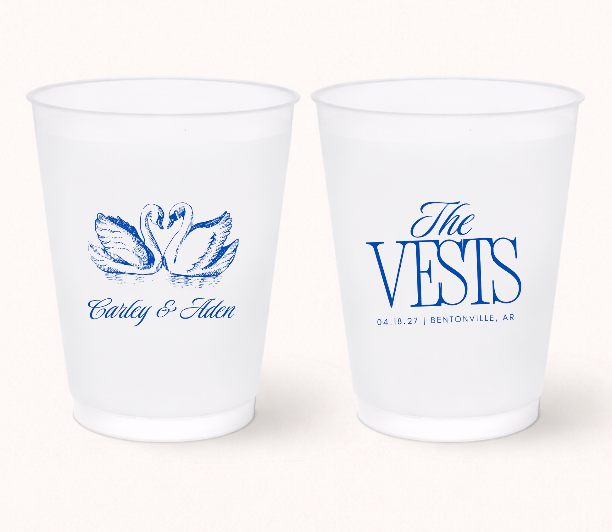 Personalized swan wedding frosted cups
Custom swan wedding cups with names
Elegant blue wedding favor cups
Romantic swan wedding drinkware design