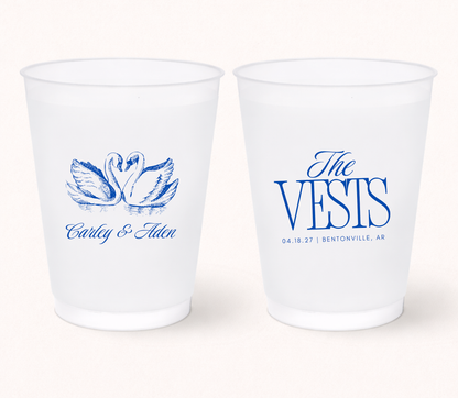 Personalized swan wedding frosted cups
Custom swan wedding cups with names
Elegant blue wedding favor cups
Romantic swan wedding drinkware design
