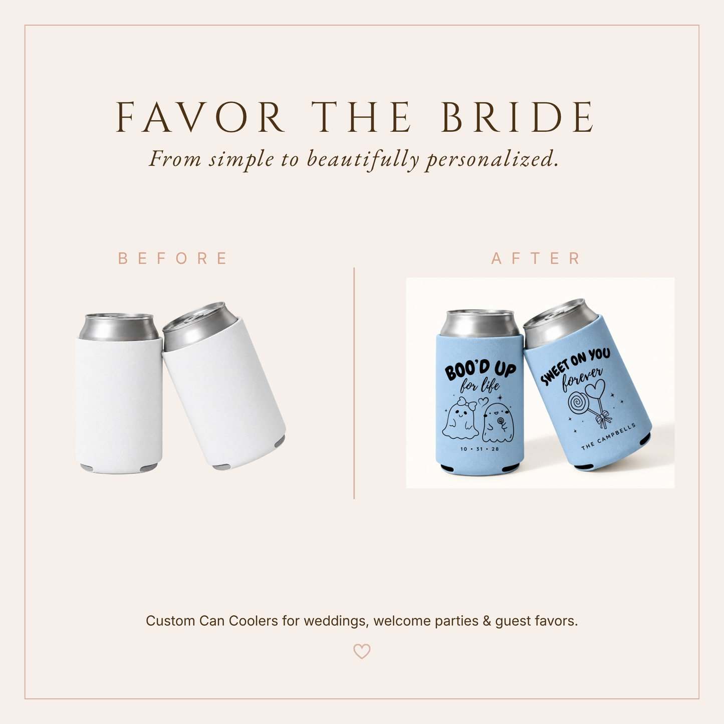 Cute spooky wedding favor can coolers featuring romantic ghost couple artwork.