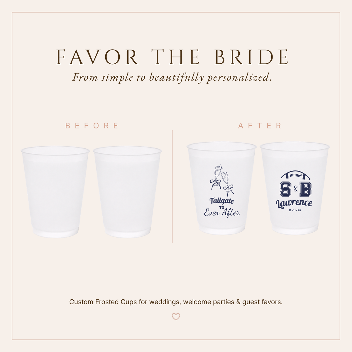 Personalized football wedding drinkware featuring champagne glasses, football initials, custom surname, and wedding date.