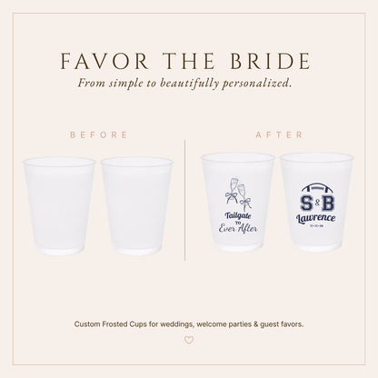 Personalized football wedding drinkware featuring champagne glasses, football initials, custom surname, and wedding date.