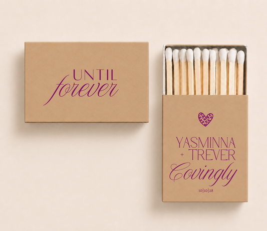 Personalized tan wedding matchboxes featuring purple Until Forever lettering, leopard print heart, Yasminna and Trever names, Coungly surname, and 10-10-28 wedding date.