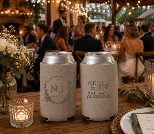 
Custom wedding can cooler with personalized couple names, family surname, and monogram design.