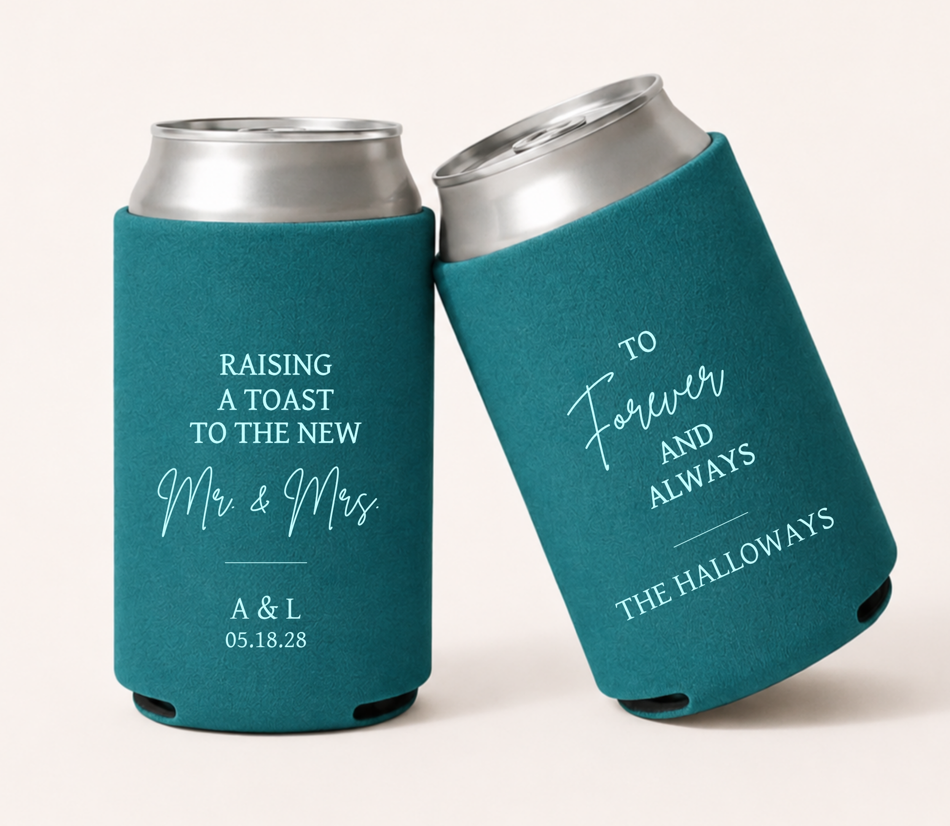 Personalized teal wedding can coolers featuring Raising a Toast to the New Mr. and Mrs. wording with A and L initials and wedding date, plus a To Forever and Always design with The Halloways family name in light blue lettering.