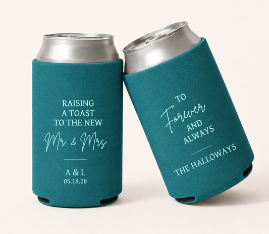 Personalized teal wedding can coolers featuring Raising a Toast to the New Mr. and Mrs. wording with A and L initials and wedding date, plus a To Forever and Always design with The Halloways family name in light blue lettering.
