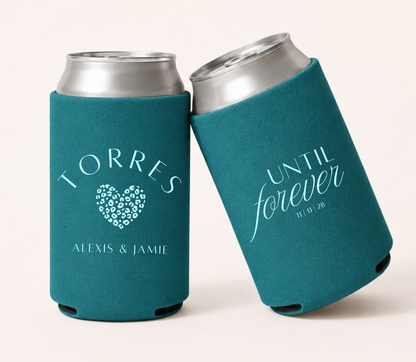 Personalized teal wedding can coolers featuring Until Forever wording with wedding date and a leopard print heart design with Alexis and Jamie names in light blue lettering.