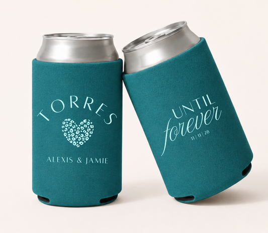 Personalized teal wedding can coolers featuring Until Forever wording with wedding date and a leopard print heart design with Alexis and Jamie names in light blue lettering.