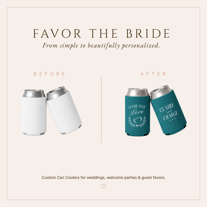 Personalized sports wedding can coolers featuring Game Day Love typography and romantic football artwork.