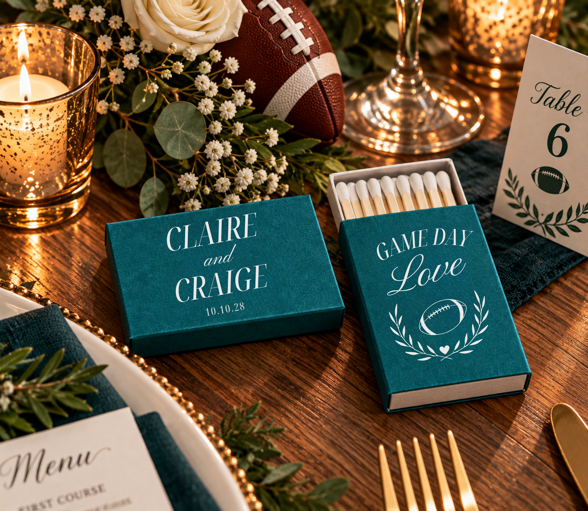 Custom sports wedding matchboxes featuring football, laurel wreath, heart details, couple names, and wedding date.