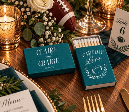 Custom sports wedding matchboxes featuring football, laurel wreath, heart details, couple names, and wedding date.