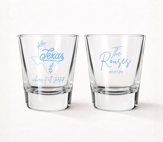 Personalized Texas wedding shot glasses
Texas state outline wedding favor shot glasses
Custom Texas wedding keepsake glasses
Texas destination wedding shot glasses
Personalized wedding shot glasses with Texas design
Texas wedding reception favor glasses