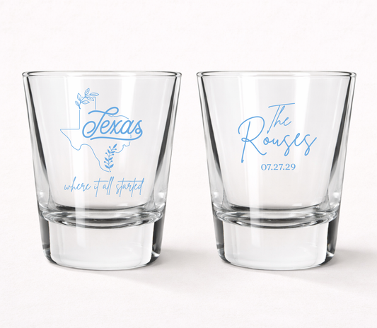Personalized Texas wedding shot glasses
Texas state outline wedding favor shot glasses
Custom Texas wedding keepsake glasses
Texas destination wedding shot glasses
Personalized wedding shot glasses with Texas design
Texas wedding reception favor glasses
