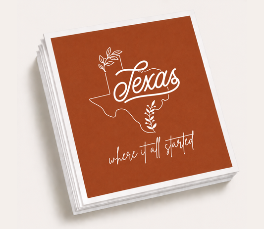 Personalized Texas wedding cocktail napkins featuring a Texas state outline with botanical accents and "Where It All Started" wording.